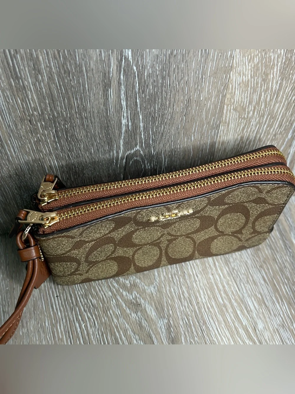 COACH Double Zip Wristlet in Signature Canvas Khaki Saddle Brown Wallet⁠